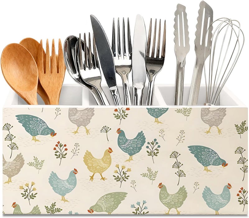KBRCT Farmhouse Chicken Wooden Utensils Holder, Chicken Kitchen Decor, Vintage French Country Farm Animal Wood Cooking Utensil Holder Organizer for Kitchen Countertop Counter Decor - Image 1